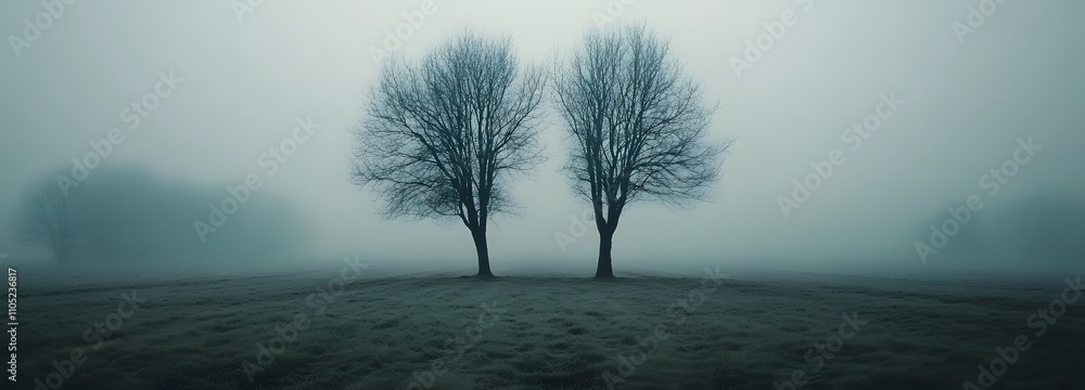 Poster 50. a tranquil, foggy morning scene with trees and an empty field, offering wide space in the middle