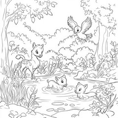 Naklejka premium A wildlife rescue scene with baby animals, coloring page for kids, simple outline illustration. Coloring book, simple lines.