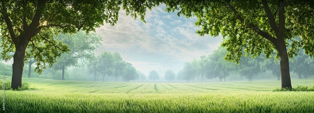 Poster 50. a tranquil, foggy morning scene with trees and an empty field, offering wide space in the middle