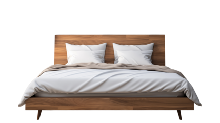 Sleek and modern wood double bed with headboard, offering both style and comfort for a sophisticated bedroom atmosphere, isolated on transparent background.