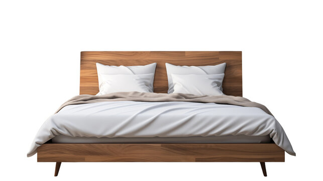 Sleek and modern wood double bed with headboard, offering both style and comfort for a sophisticated bedroom atmosphere, isolated on transparent background.