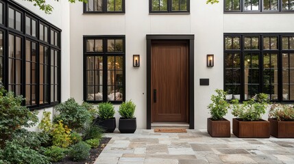Fototapeta premium A home with ivory walls, sleek black windows, and a wooden door at the entrance.