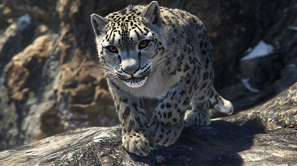 Fototapeta premium A snow leopard prowls over rocky terrain, showcasing its majestic fur and keen expression.