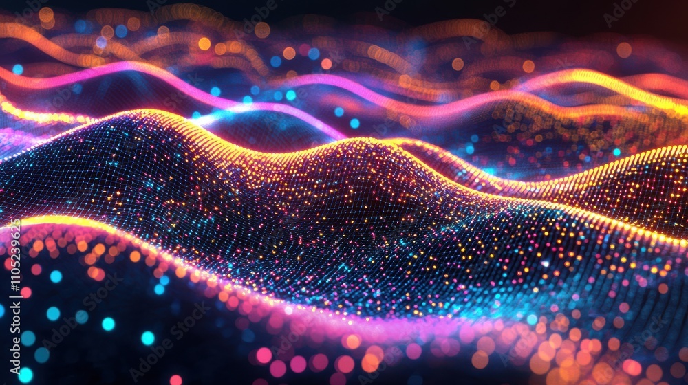 Poster a vibrant, abstract representation of waves created with colorful particles, showcasing a blend of t