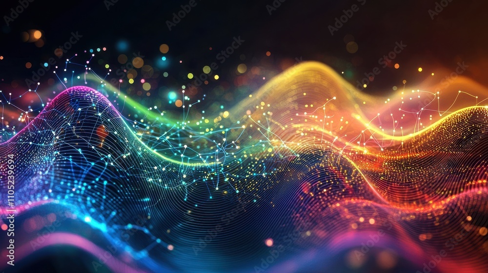 Poster a vibrant, abstract representation of colorful waves and particles, showcasing a dynamic blend of li