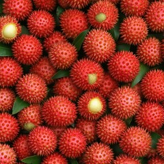Close-up of many spiky red fruits with green leaves.