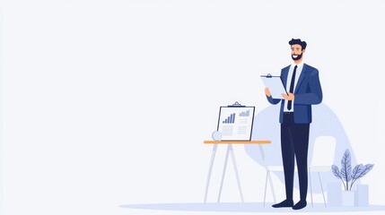 A professional man holds a clipboard, standing next to a presentation easel with graphs, in a clean, minimalist office setting.