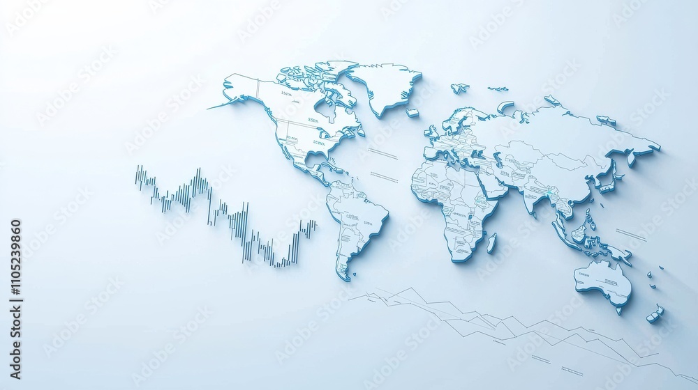 Poster a minimalist world map with rising and falling graph lines, symbolizing global financial trends and 