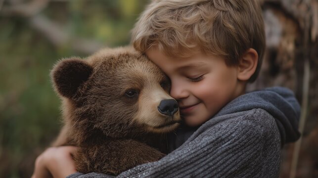 Young Boy Embracing Cute Bear Cub