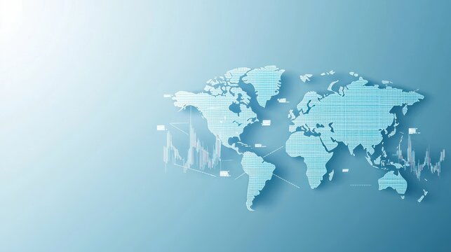 Fototapeta A digital map of the world with a grid pattern, showcasing data visualization and global connectivity against a light blue background.