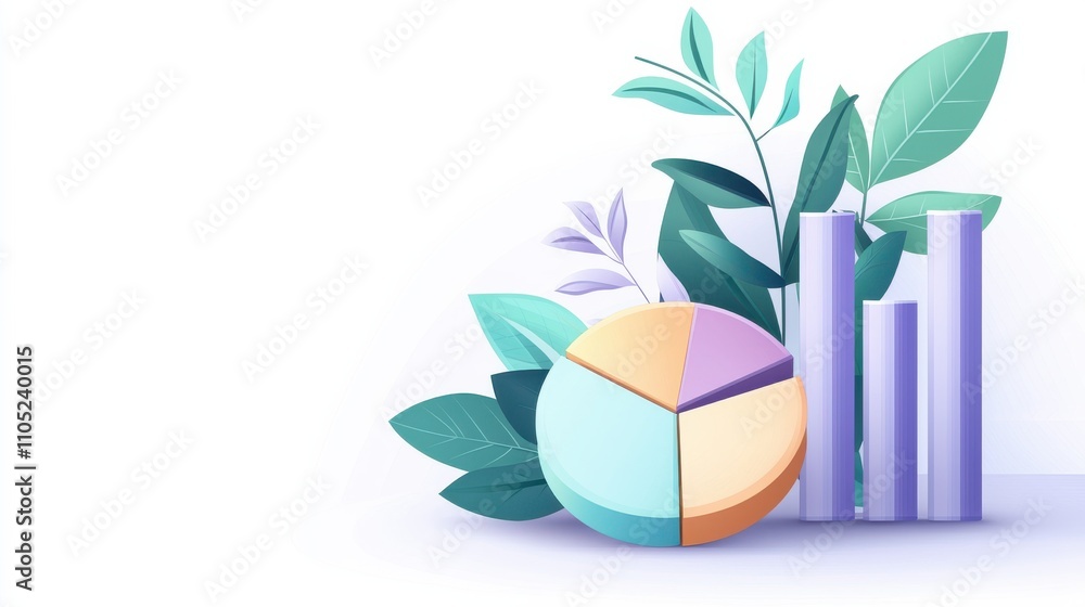 Aufkleber a colorful, modern illustration featuring a pie chart and bar graph surrounded by stylized leaves, r