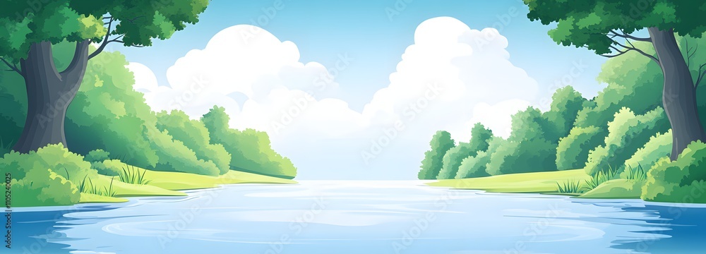 Poster 32. a wide river flowing through a forest with a large empty sky above for text placement