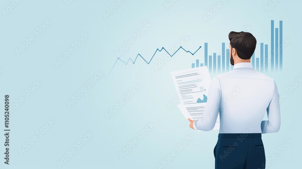 Poster a professional analyzing data trends from a report, with graphical representations of statistics in 
