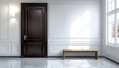 Fototapeta premium Mahogany door with white walls, marble floor, and minimalist wooden bench.