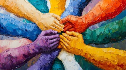 Colorful Hands Joined In Unity Showing Teamwork