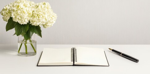 Focused creativity: Private ideas flow on a clean white desk with an open notebook ready for inspiration.