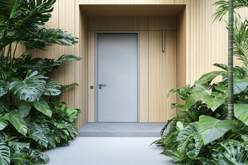 Scandinavian hallway with soft tones, minimalist door, and lush plants nearby.