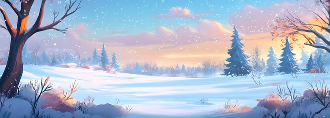 33. A peaceful snowy landscape with large open space in the middle for text