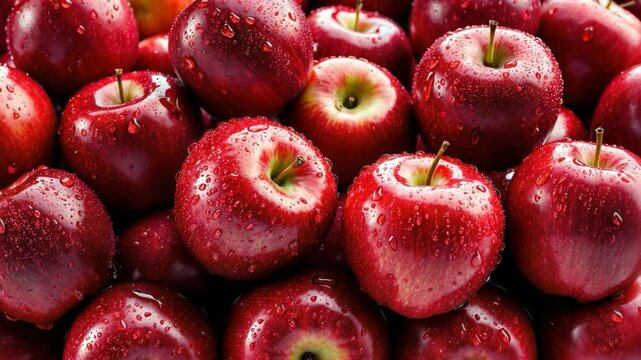 Video footage of Close up of fresh, red apples with water droplets highlighting their vibrant color and juicy texture, creating a refreshing and healthy impression