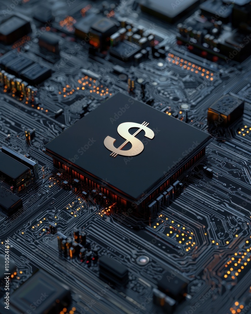 Poster a circuit board featuring a prominent microchip with a dollar symbol, symbolizing the intersection o