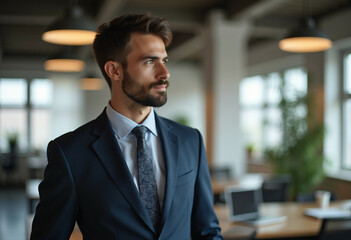 A businessman in a navy suit  thoughtfully looking away in a modern office.