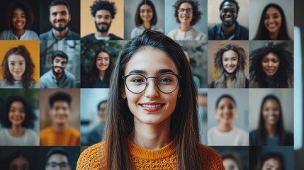 Diverse smiling people in video conference.