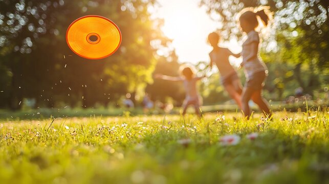 Happy Family Playing Frisbee in a Sunny Park - Joyful Moments of Togetherness and Fun Outdoors - Powered by Adobe