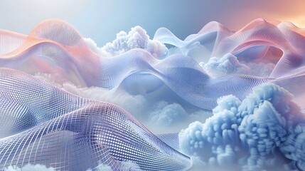 Abstract Pastel Cloudscape With Gridded Wave Forms