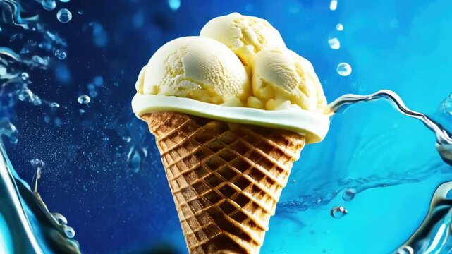 Animated waffle ice cream cone falls with a splash into the blue water. Vanilla, banana, cream, lemon ice cream