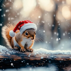 Fototapeta premium Christmas squirrel wearing santa hat in snowy forest