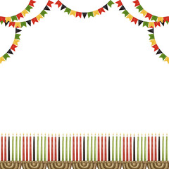 Kwanzaa square frame with colorful garland and Kinara with candle. Hand drawn watercolor holiday illustration of traditional unity African symbol. Isolated drawing for African-American designs.