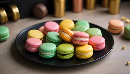 Obraz premium Macarons de colores variados en un plato negro, incluidos macarons rosados, verdes, amarillos y marrones