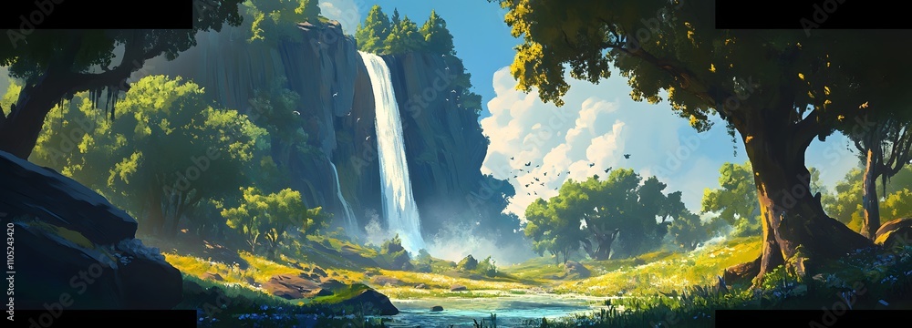 Poster 36. a scenic waterfall in a forest clearing, with large open spaces surrounding it for text