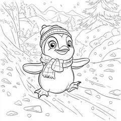 Fototapeta premium A cheerful penguin sliding on ice, coloring page for kids, simple outline illustration. Coloring book, simple lines.