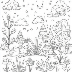 A magical forest with whimsical creatures, coloring page for kids, simple outline illustration. Coloring book, simple lines.