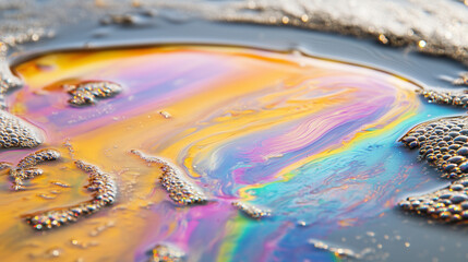 Rainbow-colored streaks of gasoline in a puddle with bubbles