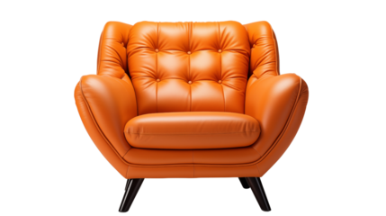 A sleek orange leather armchair, perfect for adding a pop of color and contemporary style to any living room or office space, isolated on transparent background.
