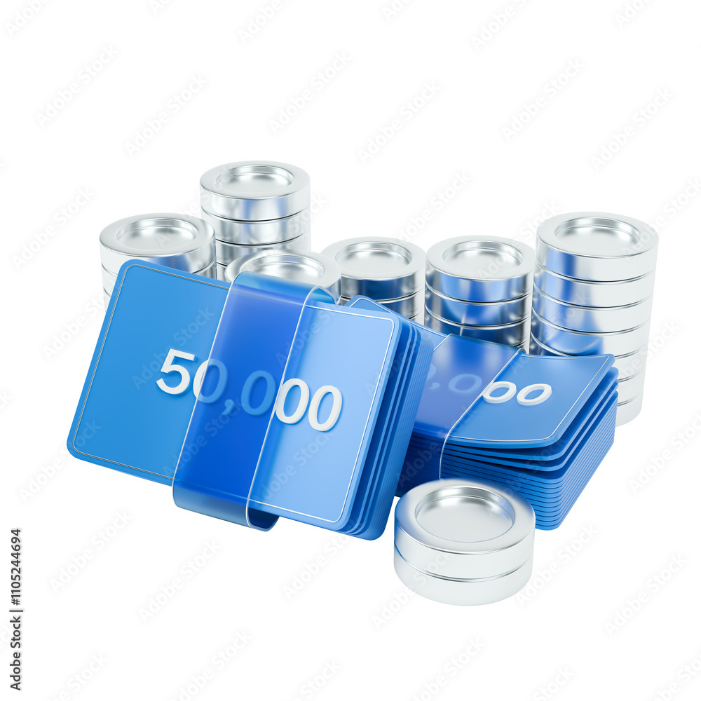 Poster a 3d icons stack of money and silver coin isolated from transparent background