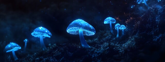 Obraz premium A photograph of glowing blue mushrooms in the dark, with a bokeh effect