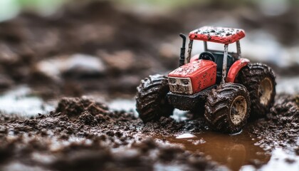 Obraz premium Muddy Toy Tractor in a Puddle: A Close-Up of a Miniature Farm Vehicle Covered in Soil and Water