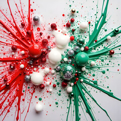 Vibrant splashes of red and green with decorative ornaments for holiday cheer, photo of abstract concept.