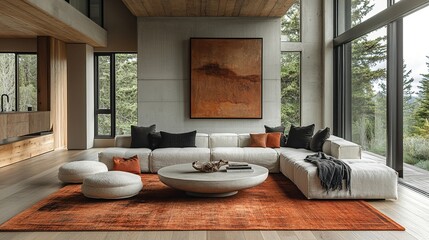 Elegant Living Room with Abstract Art, Curved Sofa, and Harmonious Neutral Tones for a Sophisticated Ambiance