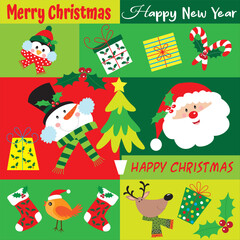 Christms card, gift bag or box design with penguin, snowman, santa, robin and reindeer