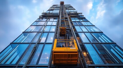 Fototapeta premium Low angle view of a modern glass skyscraper with exterior construction elevators.