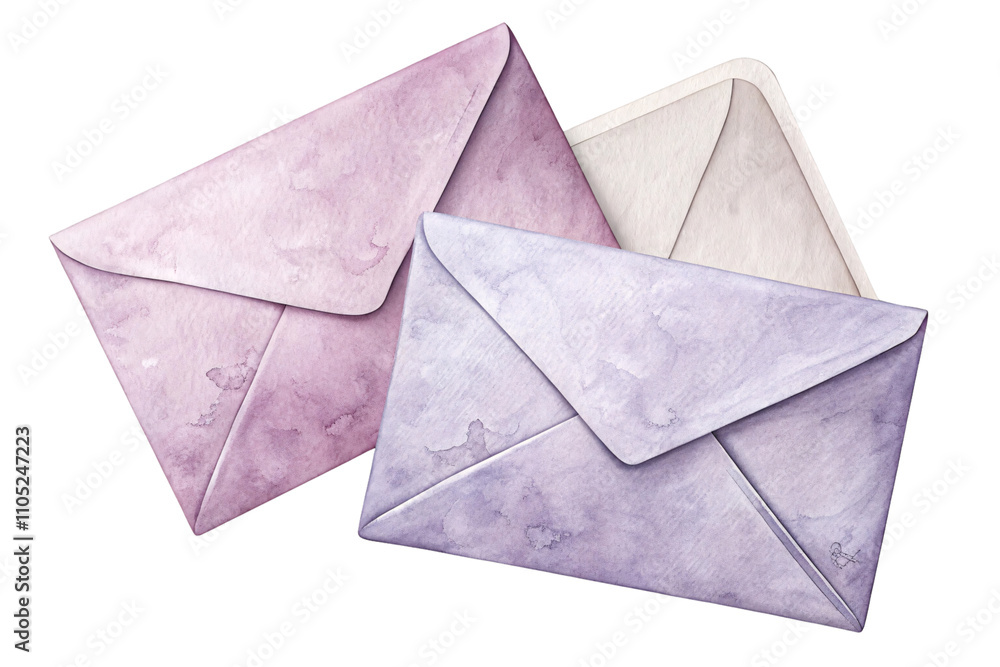 Poster soft watercolor envelopes in lavender and pink hues. subtle textures enhance the aesthetic, creating