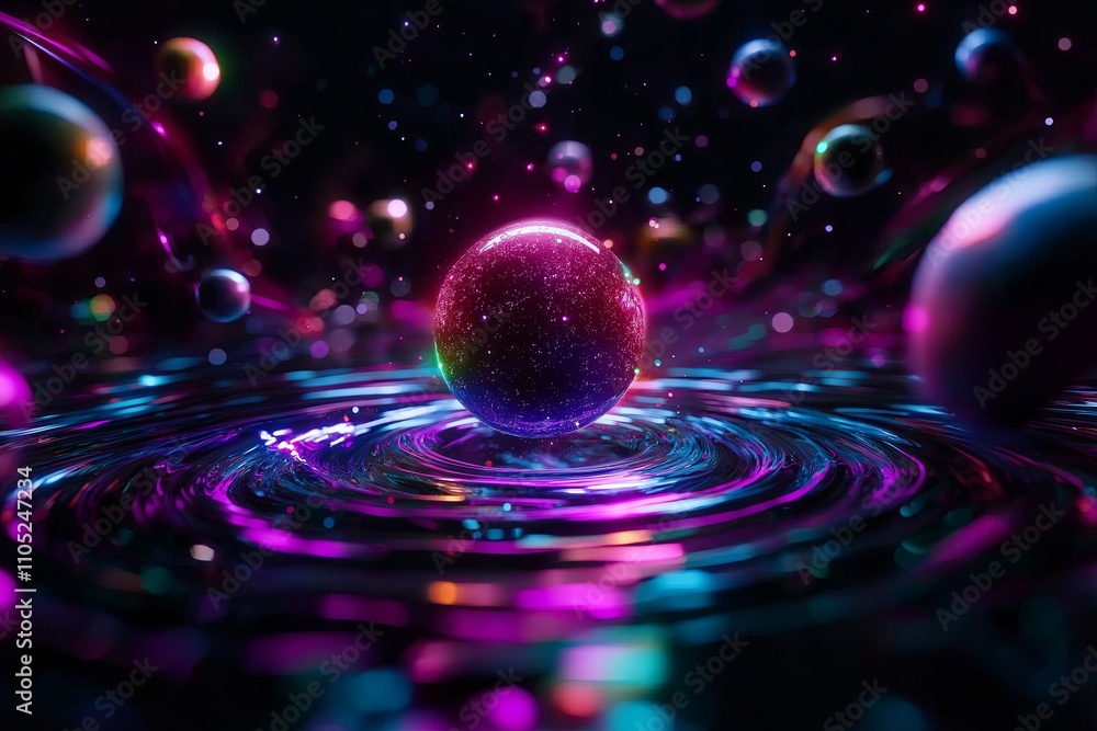 Poster a surreal cosmic scene with floating planets and a luminous, rainbow-colored black hole.