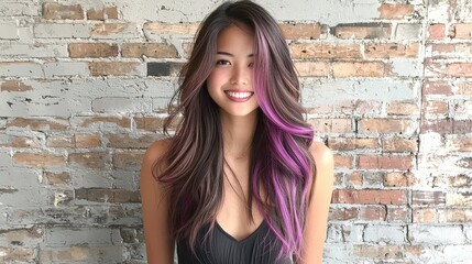 Artistic peekaboo highlights in vibrant purple on jet standard a creative hair transformation showcase beauty studio hair styling modern environment close-up view hair art concept