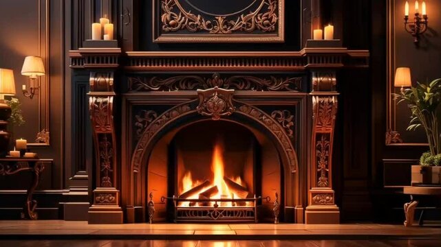Luxurious ornate fireplace with burning fire, candles, and dark wood paneling in a grand, elegant interior.  Perfect for home dÃ©cor, luxury, comfort, and warmth themes.
