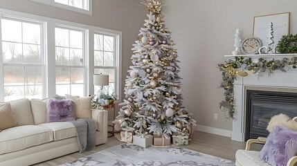 Elegant Christmas living room with flocked tree, mauve accents, and gifts.