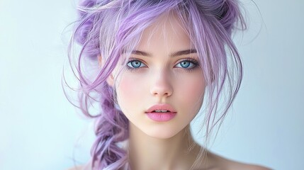 Fototapeta premium Vibrant purple hair braids styled with ombre effects indoor studio hair fashion photography bright and soft atmosphere close-up viewpoint unique hair trend for style enthusiasts